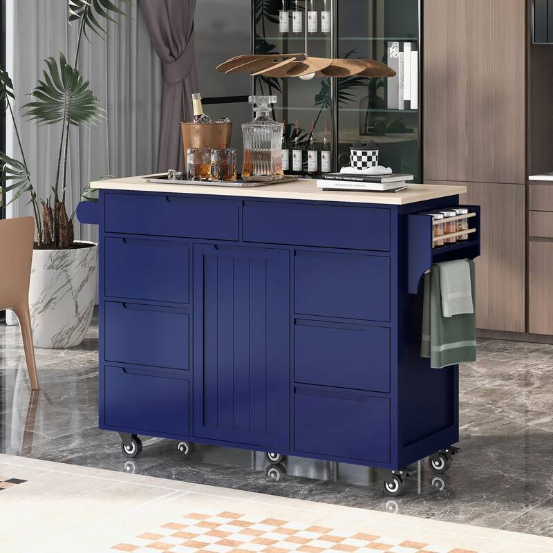 Kitchen Island with 8 Handle-Free Drawers, Rubber Wood Top, Flatware Organizer & 5 Wheels for Storage & Organization