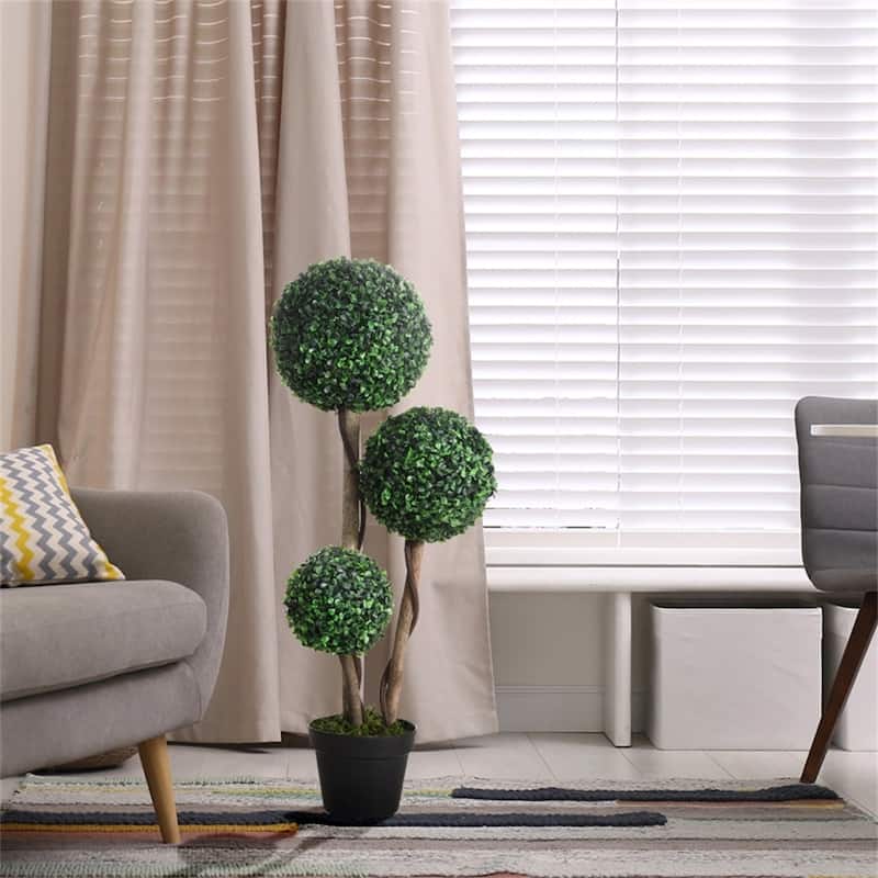 Set of 2 Forest Green and Black Artificial Three Ball Boxwood Plants with Cement Base for Indoor Outdoor