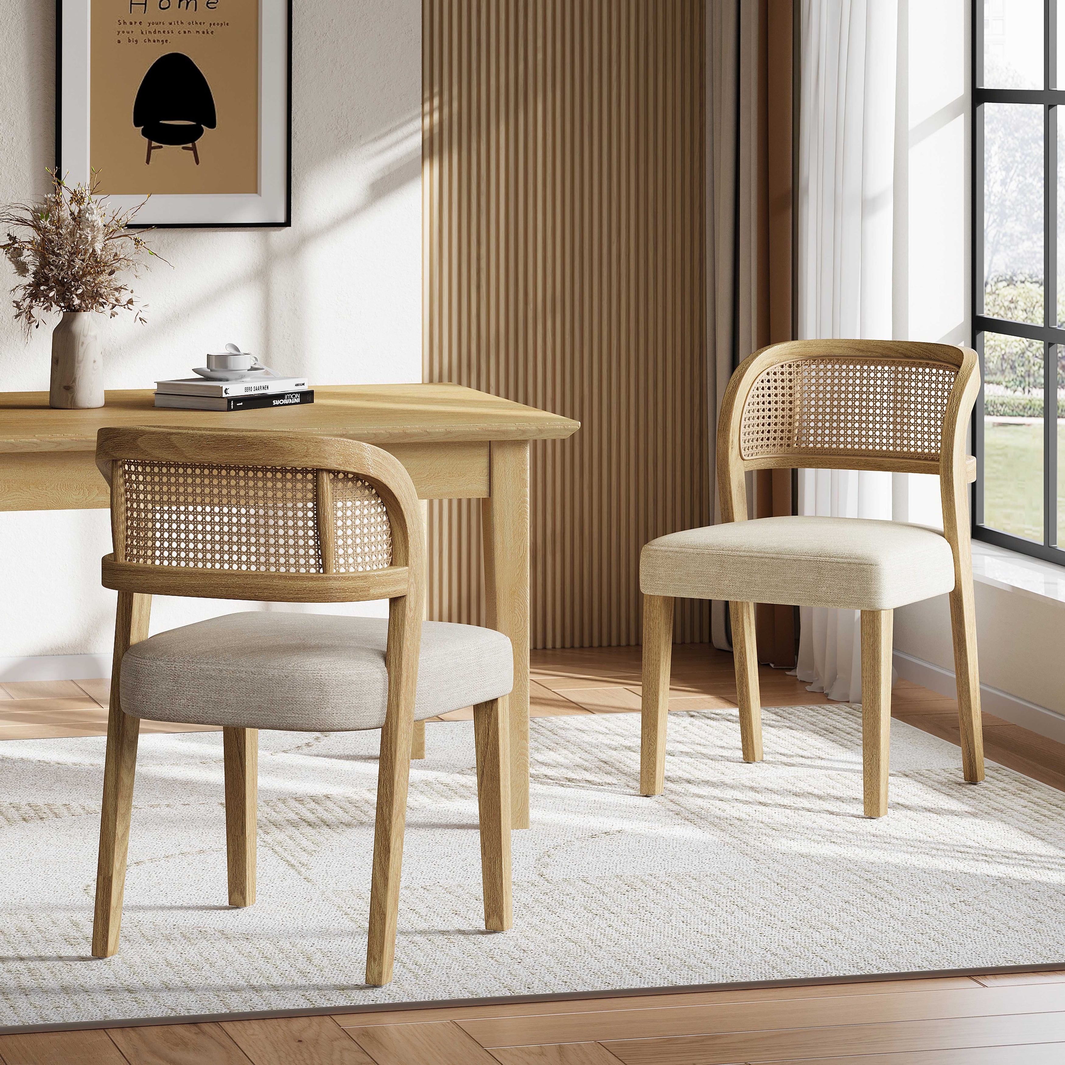 Christopher Knight Home - Minimalist 19.25" W Wood Dining Chairs Set with Natural Rattan Cane Curved Backrest & Upholstered Seat