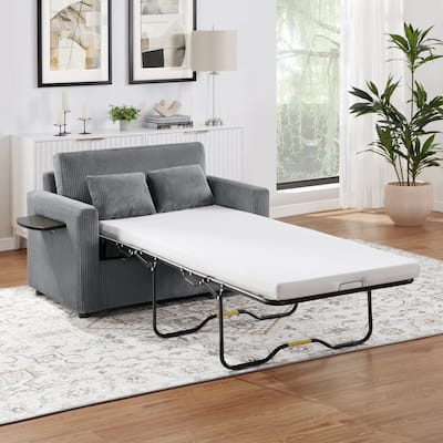 Twin Size Convertible Sleeper Sofa with Foldable Table, USB Ports, Storage Pocket, Lumbar Pillows, Gray Corduroy
