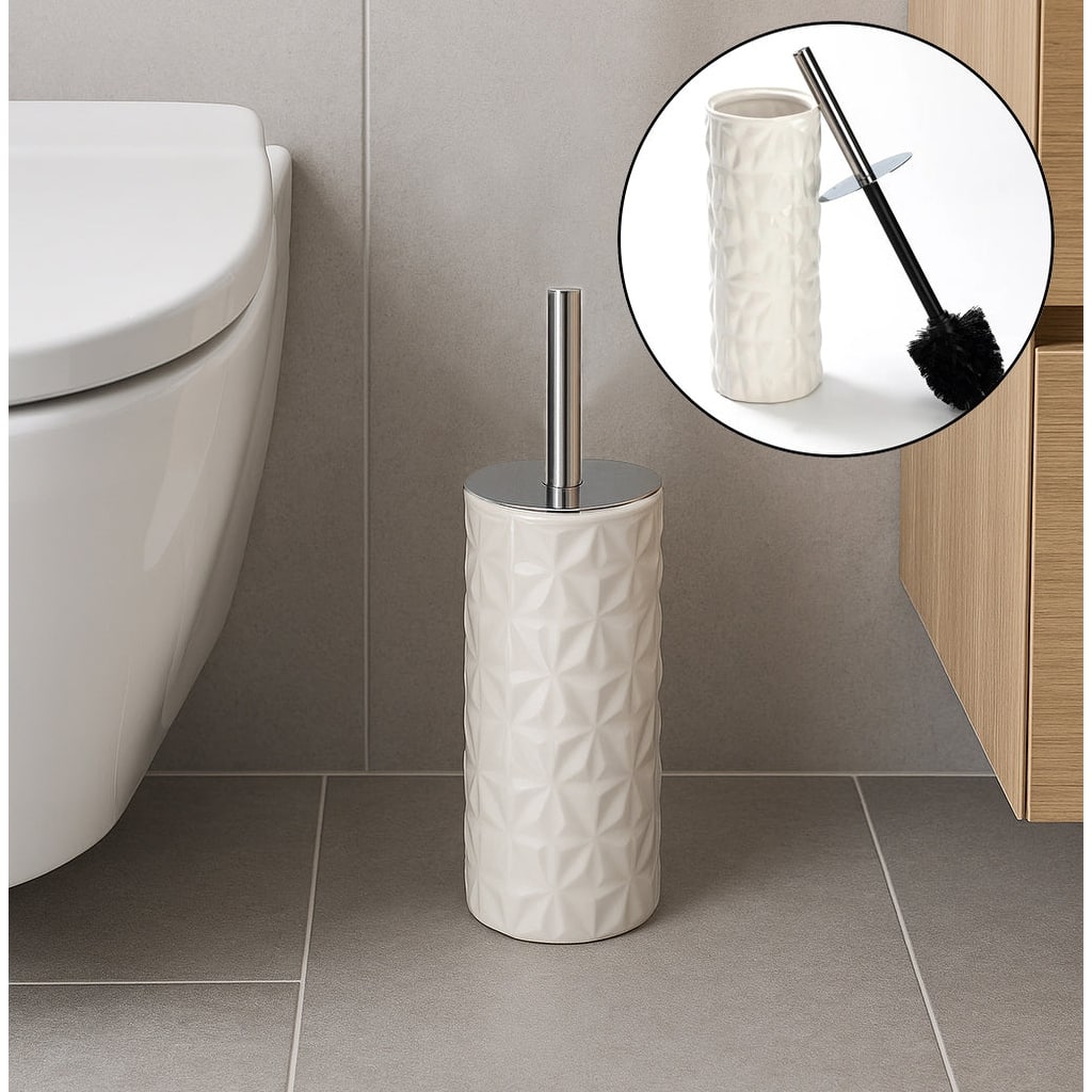 15" Tall Embossed Textured Beige Cream Ceramic Toilet Brush Set with Holder