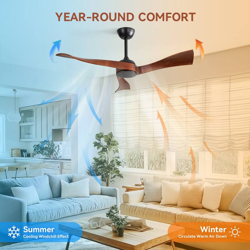 52''/60" Large Ceiling Fan without Lights, Remote Control and Reversible Motor Included, 3 Wood Blades