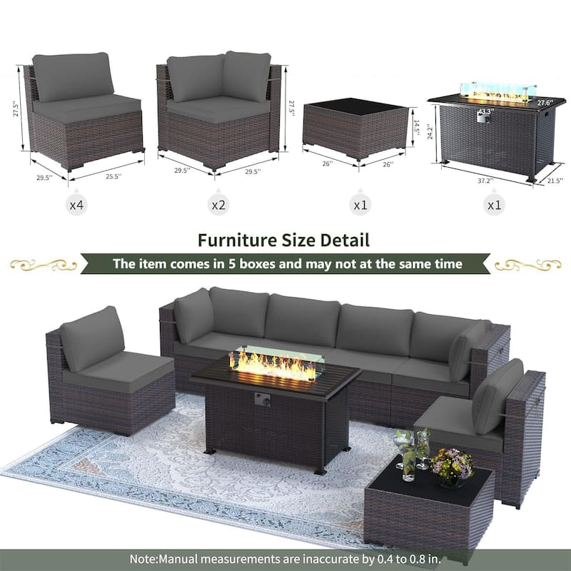 Outdoor Rattan Sectional Sofa Set, Patio Furniture Conversation Set with Fire Pit Table