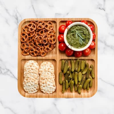 Organic Bamboo Platter, Serving Platter, Sectional Wooden Dish For Appetizers & Snacks