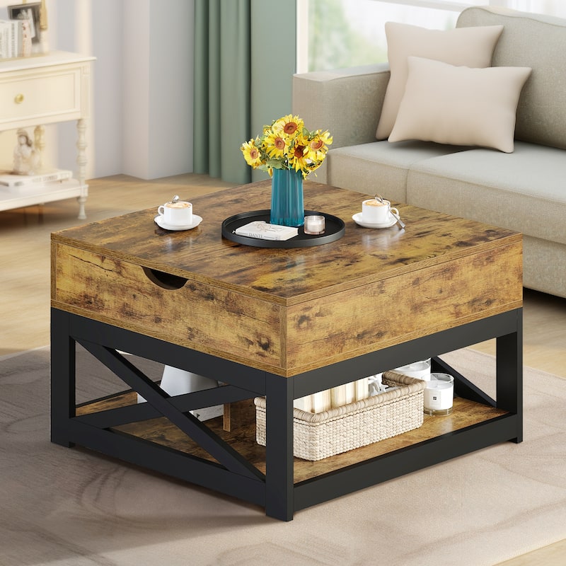 Moasis Farmhouse Lift Top Square Coffee Table with Storage and Shelf - Brown