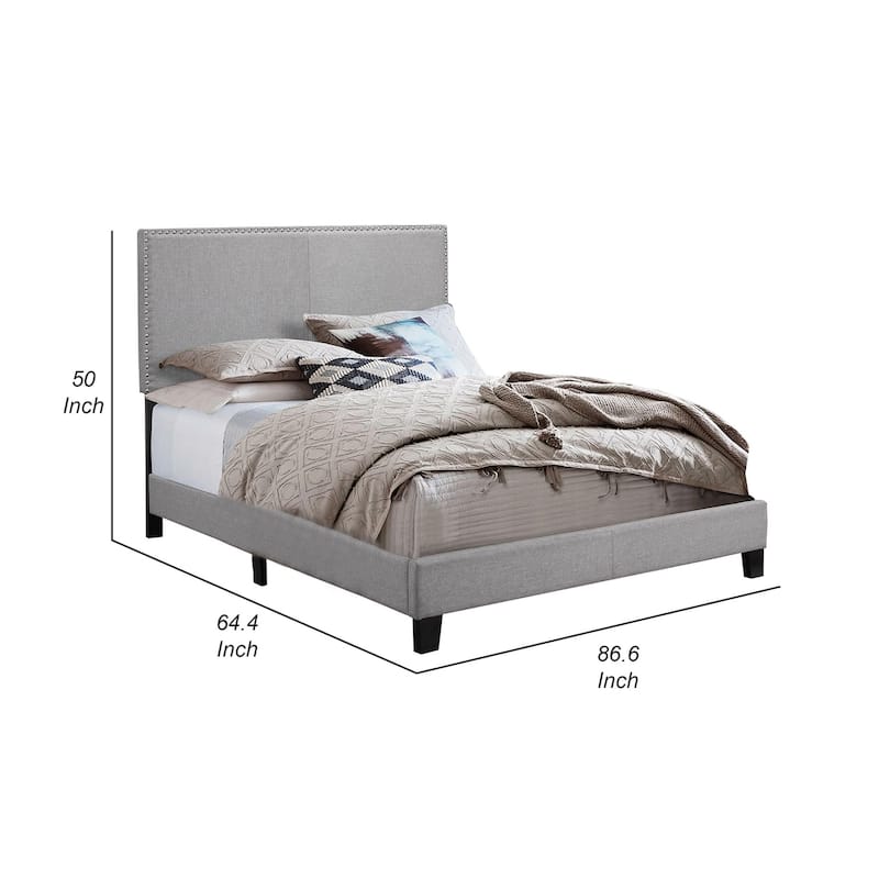 Shirin Queen Size Bed, Wood, Nailhead Trim, Upholstered Headboard, Gray
