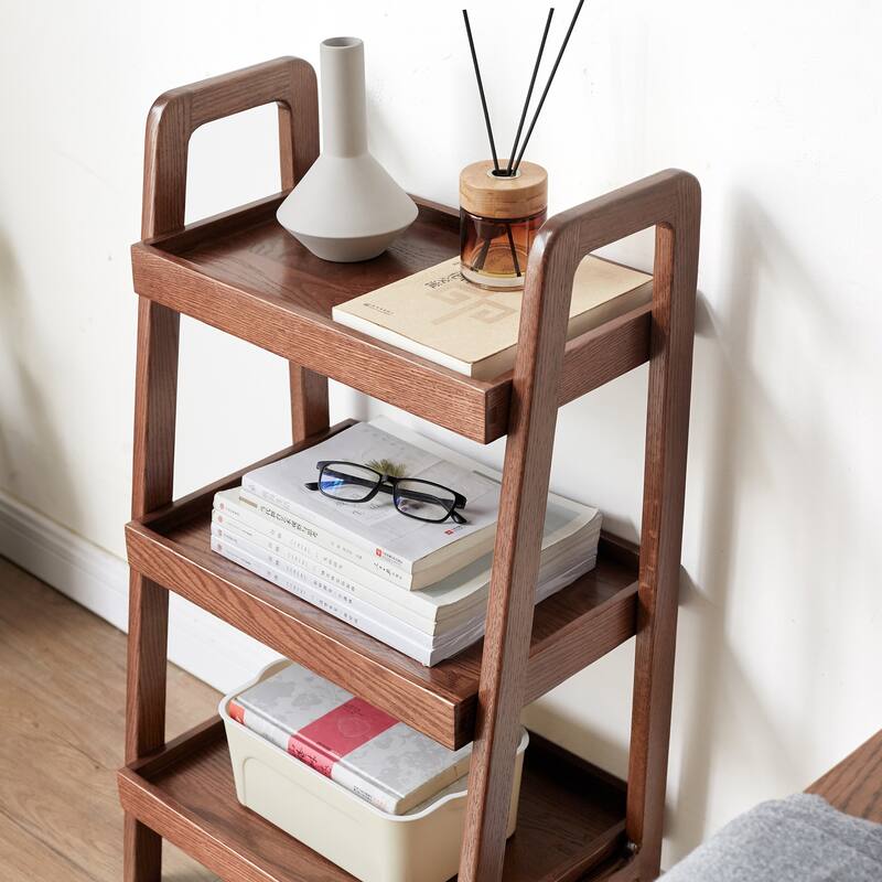 Walnut Finished Oak Wood Storage Ladder Shelf