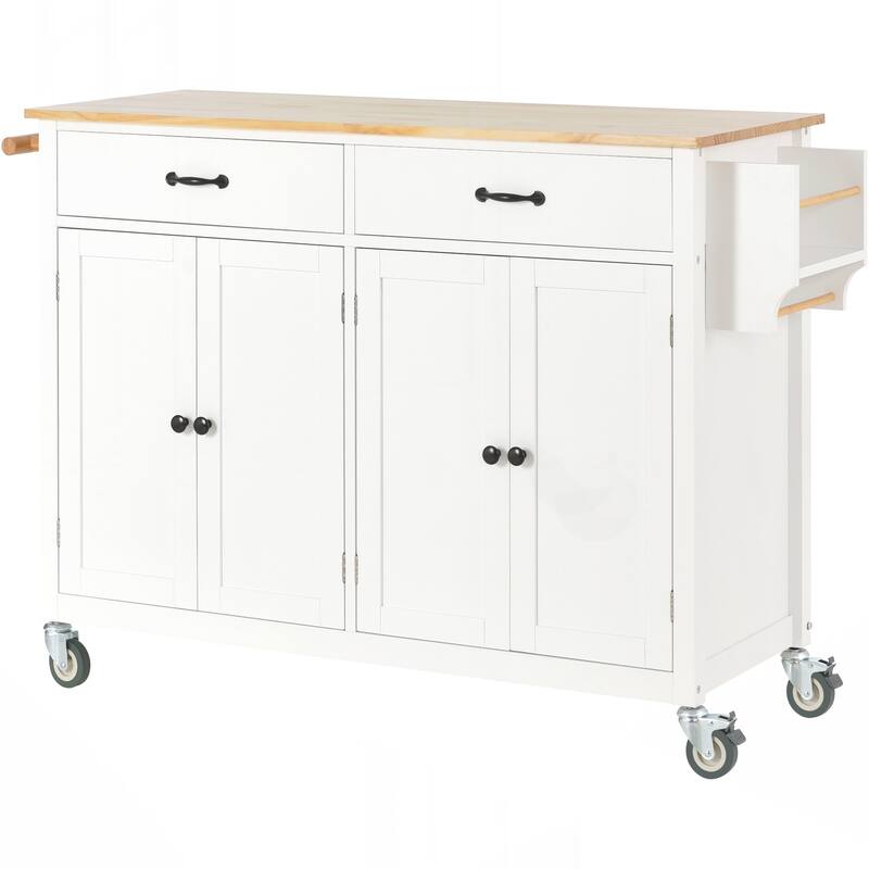 Kitchen Island Cart with Solid Wood Top and Locking Wheels - White