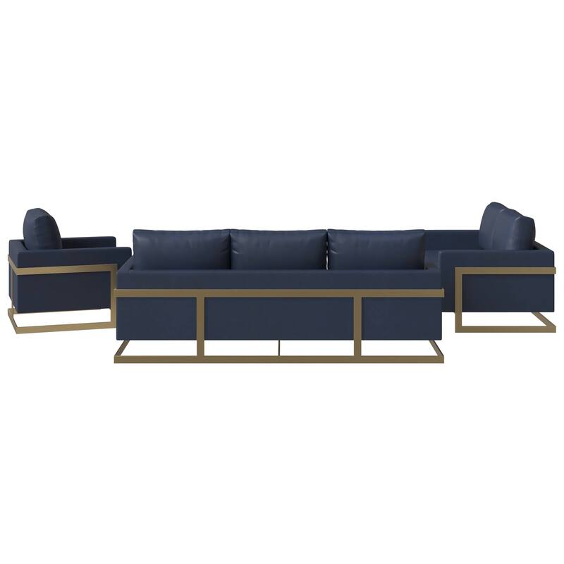 3-Piece Leather Sofa Set with Gold Stainless Steel Base and Removable Cushions