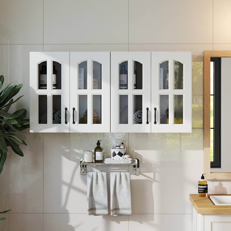 Glass Door Wall Cabinet - Floating Display Cabinet with Shelves for Kitchen, Bathroom, Living Room