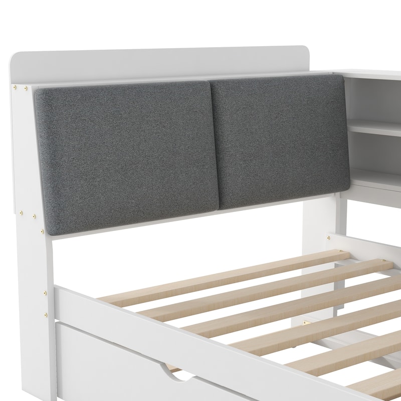 Solid Pinewood Captain Platform Bed with Trundle Bed, Upholstered Headboard, Rotatable Storage Board and Bookshelves