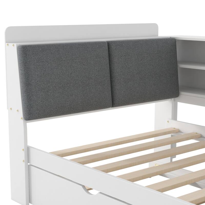 Twin Size Platform Bed with Trundle, Storage Shelves, Headboard with Upholstery, and Space-Saving Rotating Board
