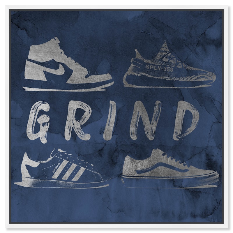 Notoriart Grind Sneakers Navy Framed Sneaker 1 Piece Canvas Wall Art - 25 x 25 - White