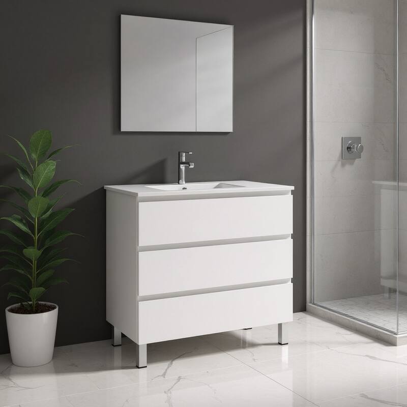 HomeRoots 36" White Wood Freestanding Bathroom Vanity With White Sink And Three Drawers - 36.00 in. x 33.12 in. x 17.88 in. - 36.00 in. x 33.12 in.  x 17.88 in. - Polished - White
