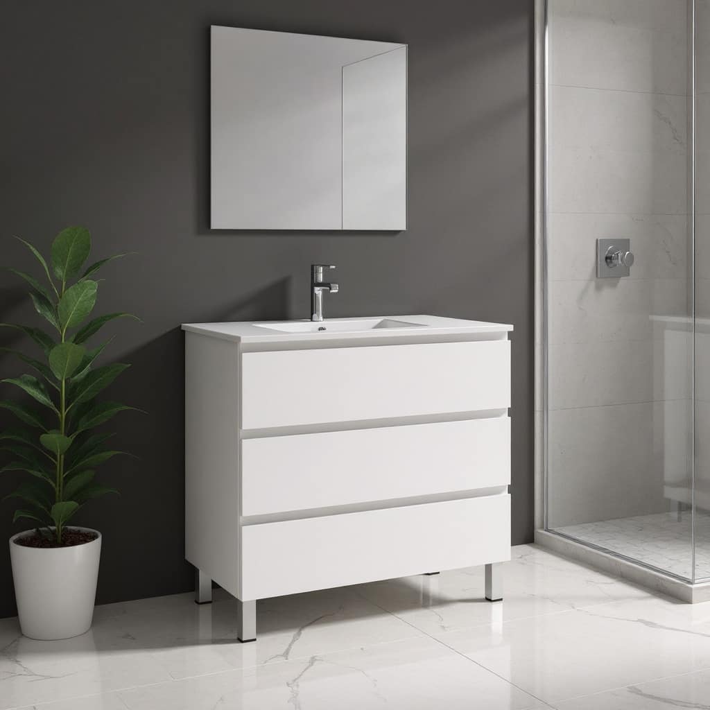 HomeRoots 36" White Wood Freestanding Bathroom Vanity With White Sink And Three Drawers - 36.00 in. x 33.12 in. x 17.88 in.