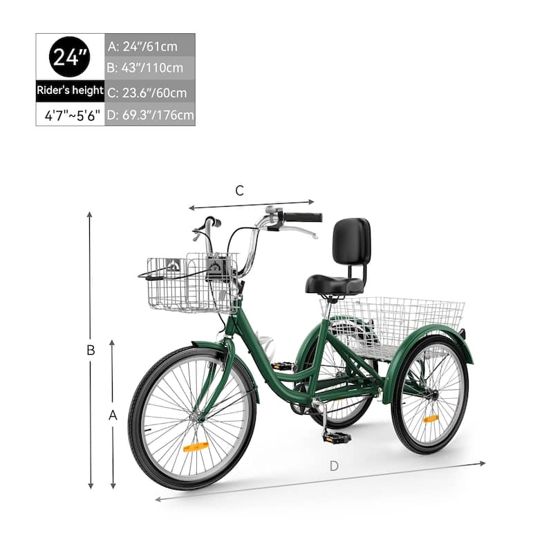 24" Matte Green Adult Tricycle 3 Wheel Bikes 1 Speed Trike Bike