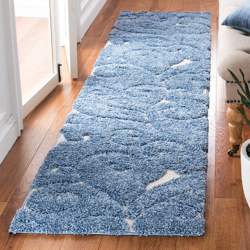 SAFAVIEH Florida Shag Shahin Scroll 1.2-inch Thick Textured Rug - 2'3" x 9' Runner - Light Blue/Cream