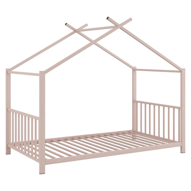 Roomfitters Twin Size House Bed, Modern Metal Floor Bed Frame with Roof, Sleek Scandi Style Sleep Space, Pink