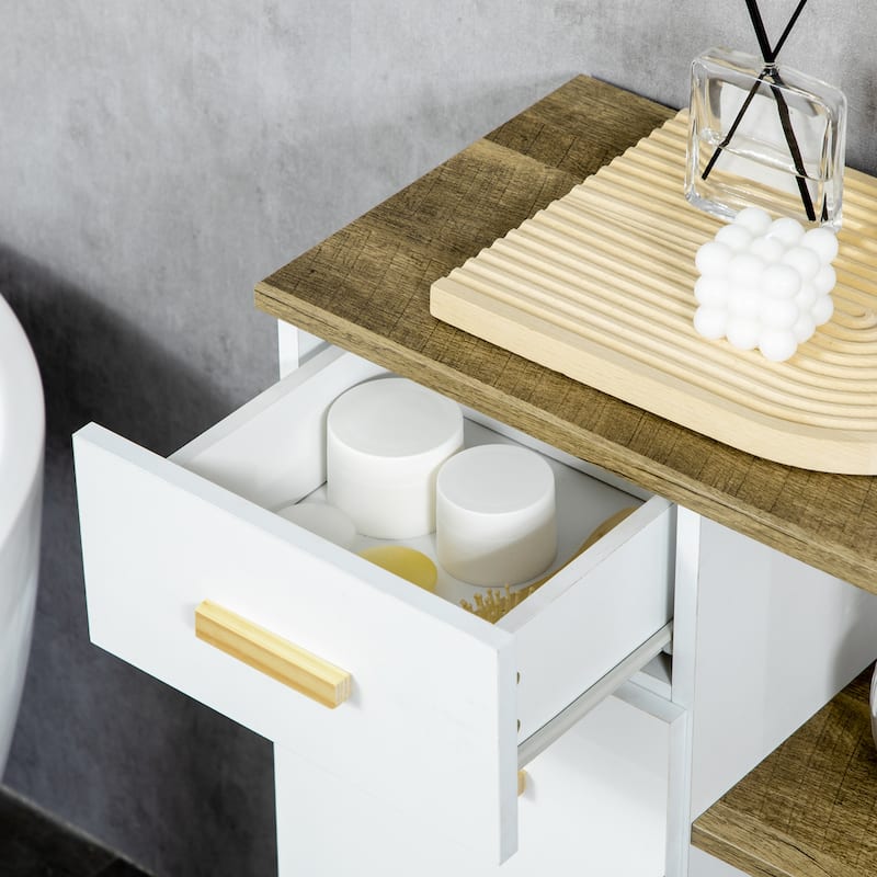 kleankin Bathroom Floor Cabinet, Side Storage Organizer Cabinet with Drawer and Shelves for Bathroom, White and Natural