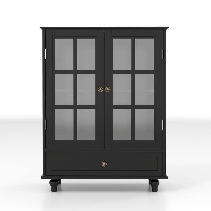 Buffet Cabinet with Double Glass Doors and Drawer, Modern Wooden Storage Sideboard Cupboard for Living room, Dining Room