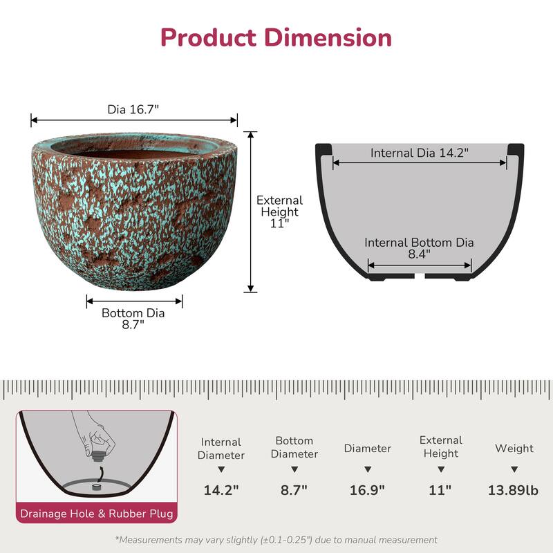 Concrete Planter Bowl Flower Pot with Enhanced Interior, Drainage Hole