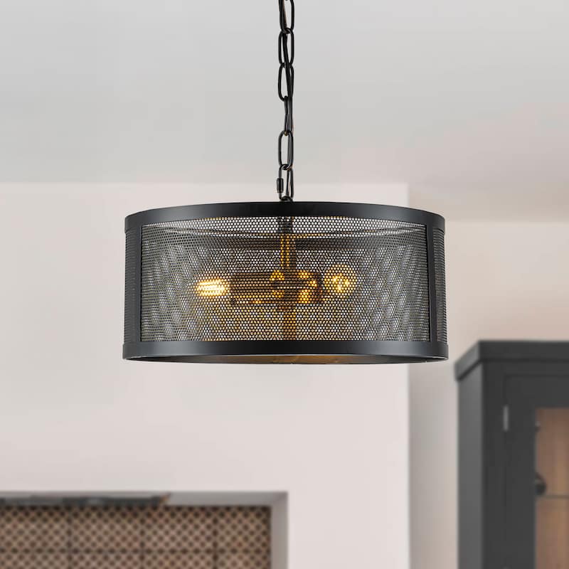 CraftHome 3-Light Modern Industrial Round Mesh Chandelier Farmhouse Pendant Light Fixture With Matt Black Shade - W:14" - W:14" - Matte Black