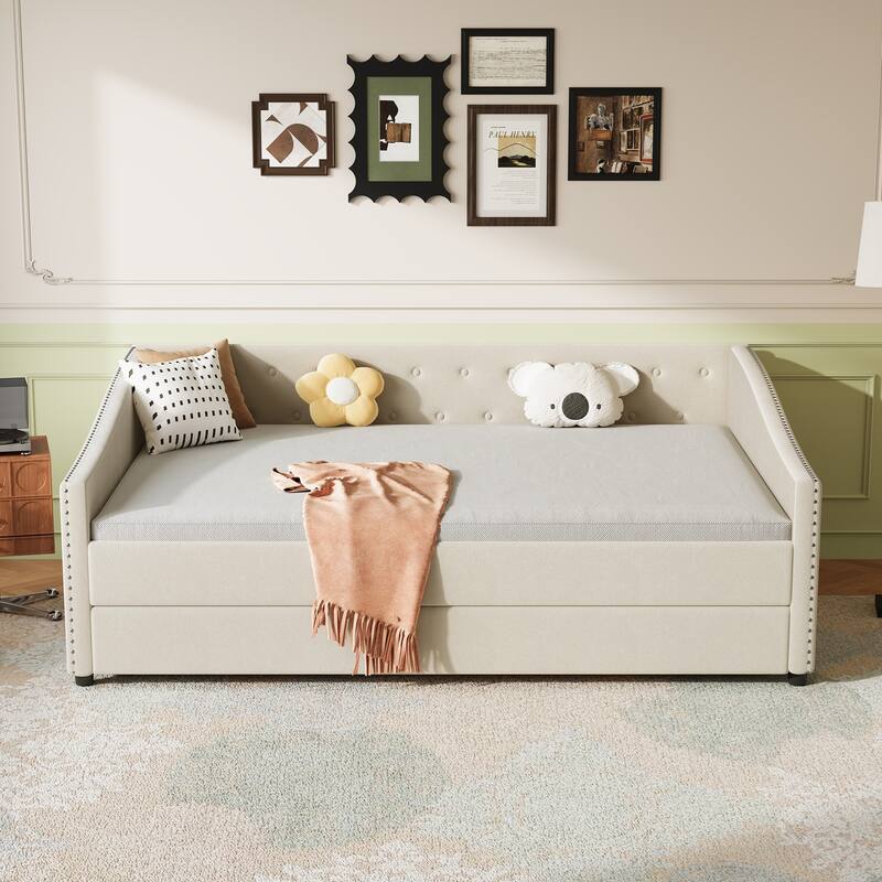 Full Size Daybed With Twin Size Trundle Upholstered Tufted Sofa Bed,With Button On Back And Copper Nail On Waved Shape Arms