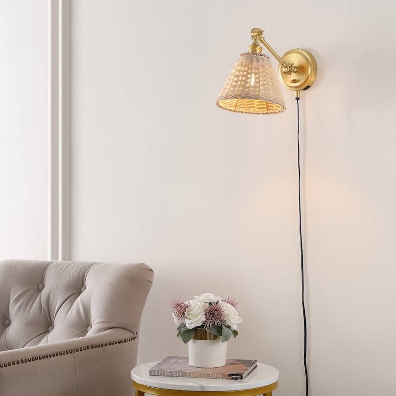 SAFAVIEH Lighting Oswynn Wall Sconce (Set of 2) - Brass/Natural Rattan - 8"W x 15"D x 10"H