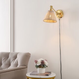 SAFAVIEH Lighting Oswynn Wall Sconce (Set of 2) - Brass/Natural Rattan - 8"W x 15"D x 10"H