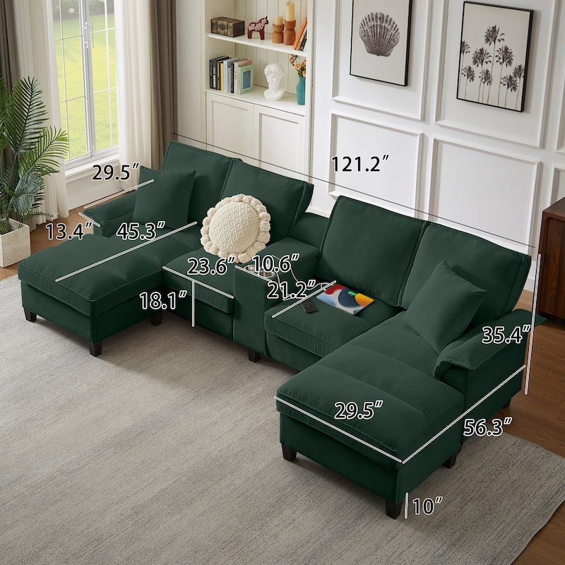 Corduroy U-shaped Sectional Sofa with Double Storage Chaise Lounge, Console Table with Charging Station, Box and Cup Holders