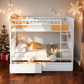 Twin over Twin Kids Bed with Fence-shaped Guardrail Bunk Bed with Drawers White