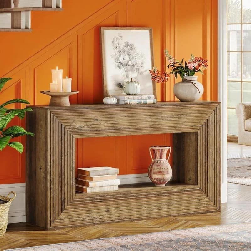 MDF Console Table with Fluted Front and Rustic Farmhouse Design - 59” L x 11.81” W x 33.46” H - Brown