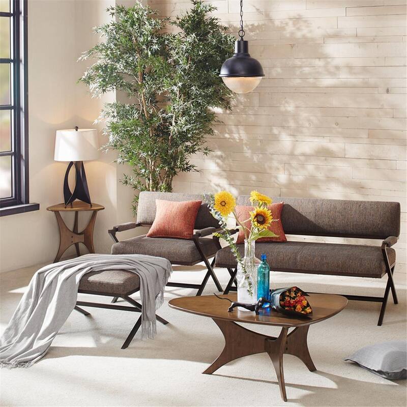 Roomfitters 40-Inch Triangular Wood Coffee Table, Rich Pecan Finish, Mid-Century Modern Sculptural Base