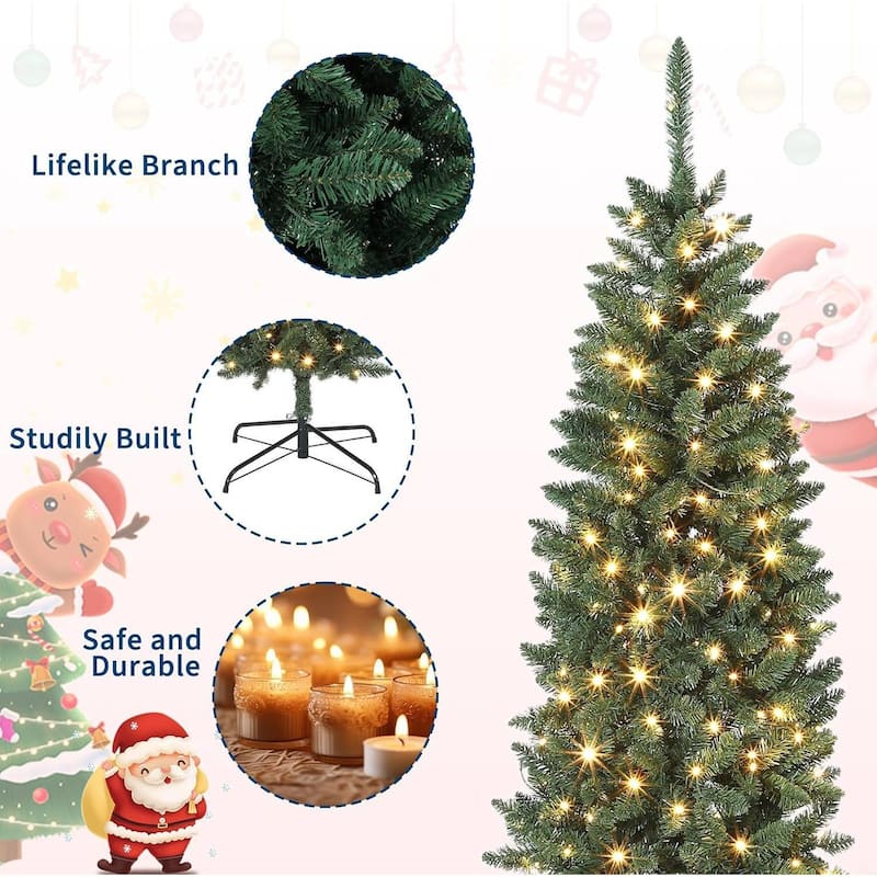 Prelit Pencil Artificial Christmas Tree, Xmas Decoration for Home Party - N/A