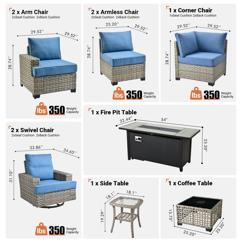 OVIOS 10 Pieces T shaped Seat Wide Armrest Swivel Chair Set With Solar-Powered Table&Fire Pit