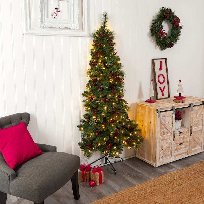 6ft. Flat Back Pine Artificial Christmas Tree with Pinecones, Berries & 150 Warm White LED Lights - Festive Holiday X-Mas Accent