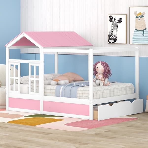 slide 2 of 9, Full Size House Bed Modern Wood Canopy Bed with Roof, Window and Large Drawer Pink