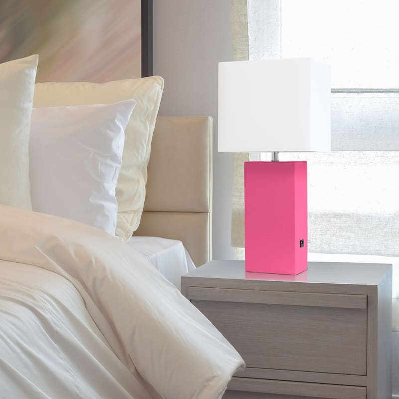 Modern Leather Table Lamp with USB and White Fabric Shade