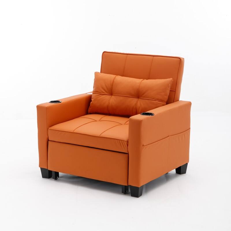 3-in-1 Convertible Sofa Chair,Pull Out Sleeper Chair with USB Ports and Cup Holders（Leather）
