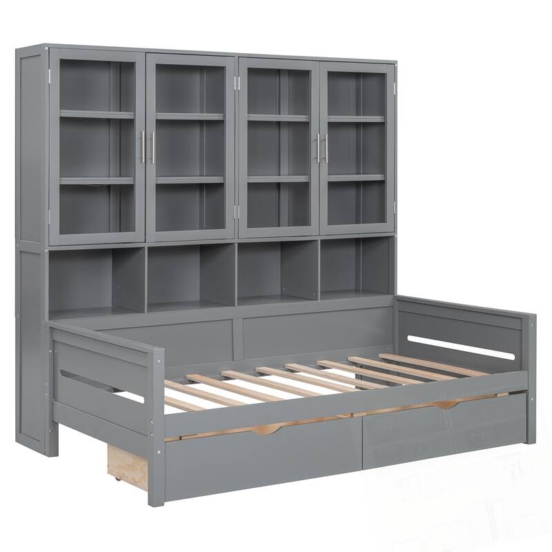 Wooden Daybed with Glass-Door Storage Cabinets Built-in LED Lighting and Shelves