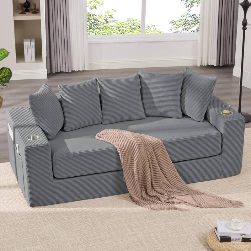 2-in-1 Convertible Sleeper Sofa, Floor Folding Couch, Sofa Bed with Side Pocket, Pull Out Loveseat with Cup Holders