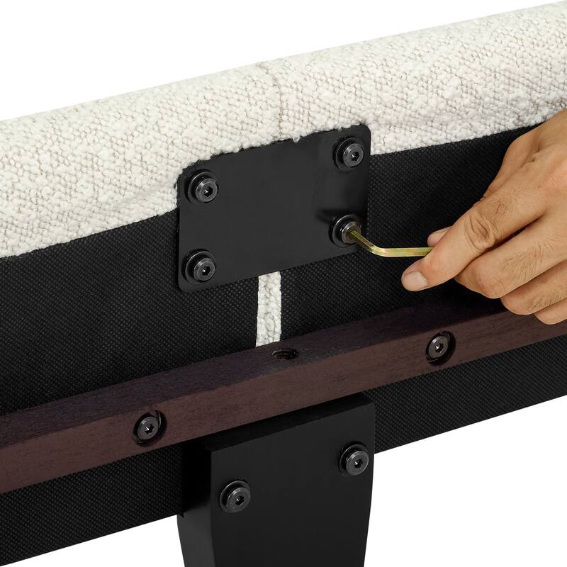 Queen Size White Boucle Upholstered Platform Bed with Padded Headboard