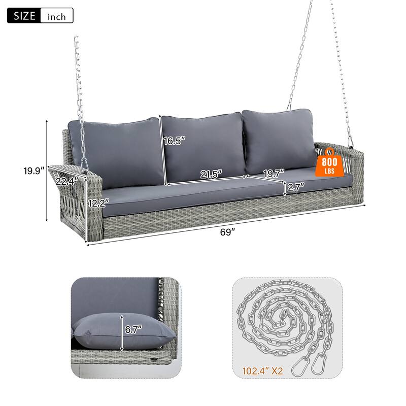 69" PE Wicker 3-Person Porch Swing - Large Outdoor Swing Bench with Cushions & Chains for Garden, Poolside & Patio