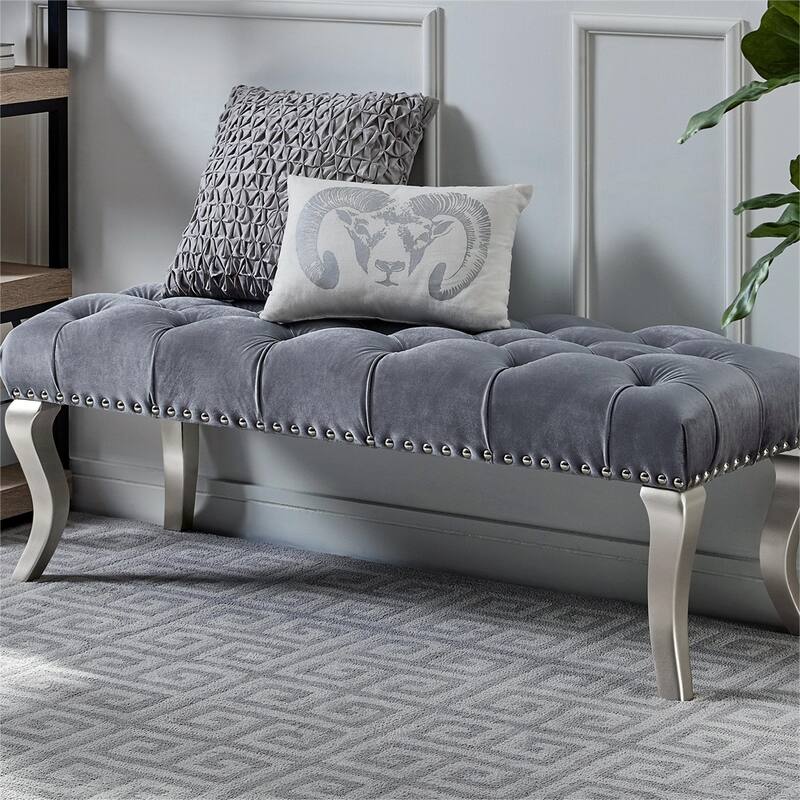 Tufted Fabric Upholstered Bench with Nailhead Trim and Wood Legs