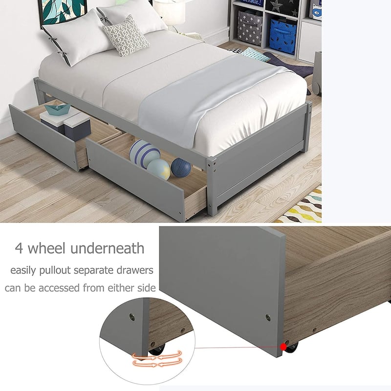 Twin Platform Bed Frame with 2 Storage Drawers, Wood Twin Bed Frames for Kids Toddler Girls Boys