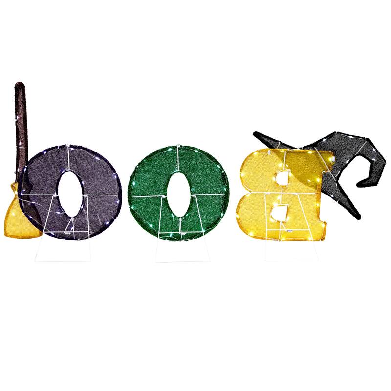 LED Lighted Tinsel BOO Outdoor Halloween Sign Decoration - 50" - Clear Lights