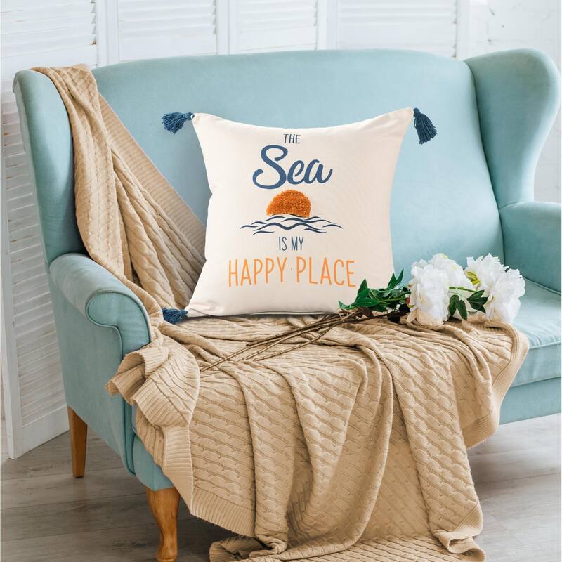 Coastal Sea Is My Happy Place Square Throw Pillow - 20" - Navy Blue and Yellow