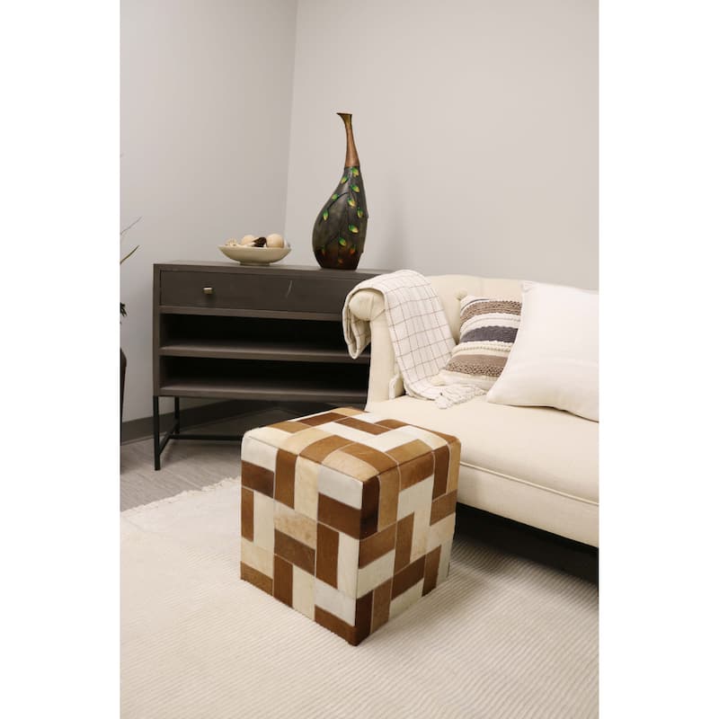 Home&Manor Vigo 16" Cowhide Leather Cube Pouf