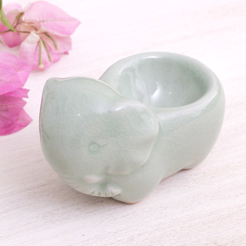 Novica Handmade Breakfast With Elephants Celadon Ceramic Egg Cup