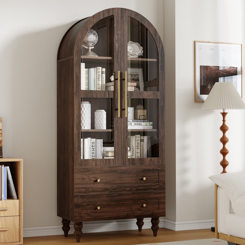 Wood Arched Glass Door Bookcase, Rustic Display Bookshelf with 2 Drawers
